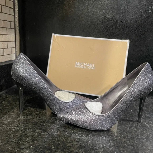 Michael Kors Sparkling Silver Claire Gunmetal Heels Pumps - Picture 5 of 8